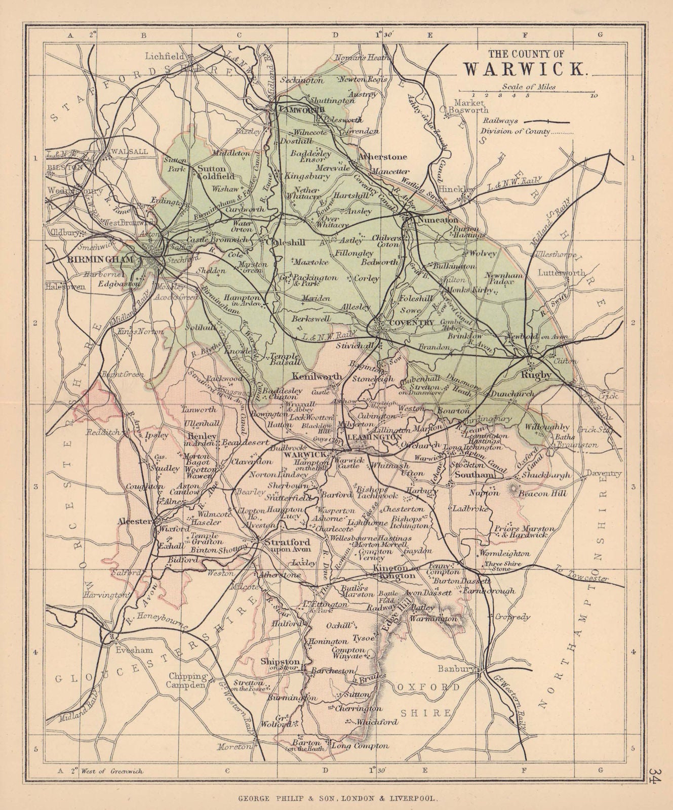 WARWICKSHIRE. Antique county map. Railways. Constituencies. PHILIP 1885